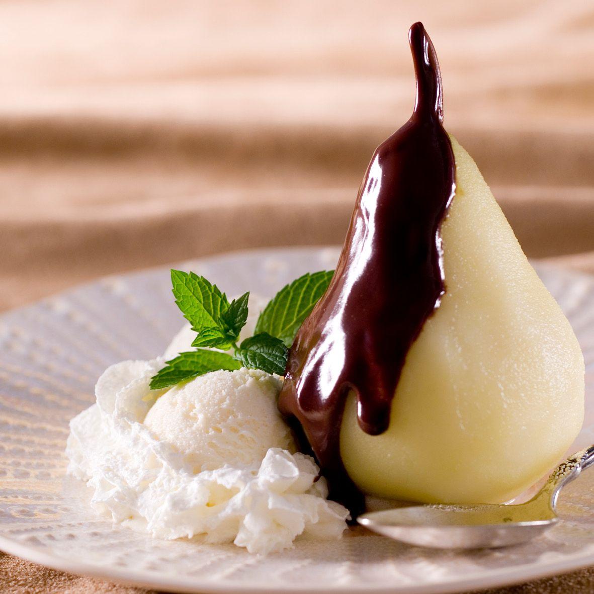 Poached pear with chocolate sauce :: Hill Street Grocer