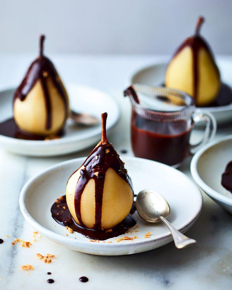 Michel Roux Jr's poached pears with chocolate almond sauce