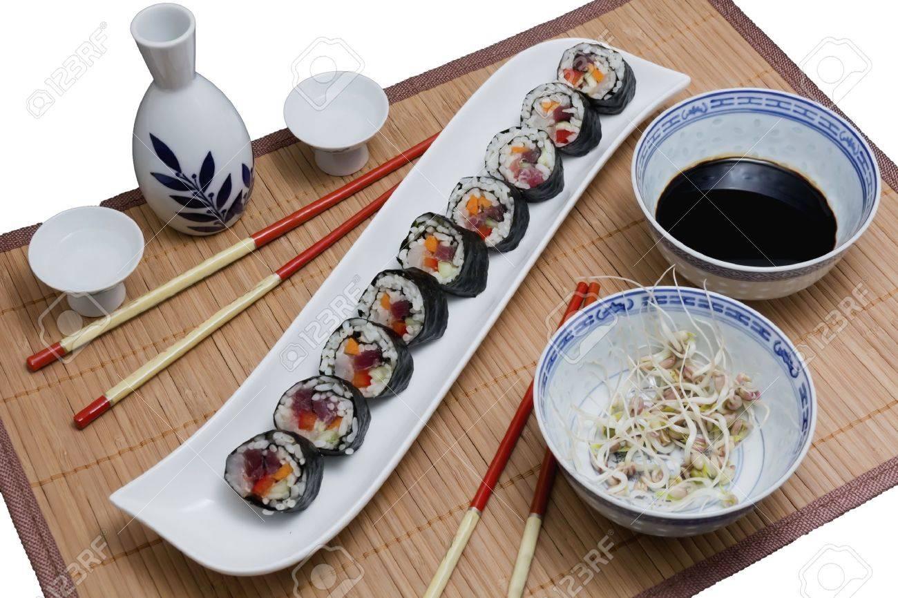 Sushi Served With Soya Sprouts And Sake Stock Photo, Picture And Royalty Free Image. Image 12314195.