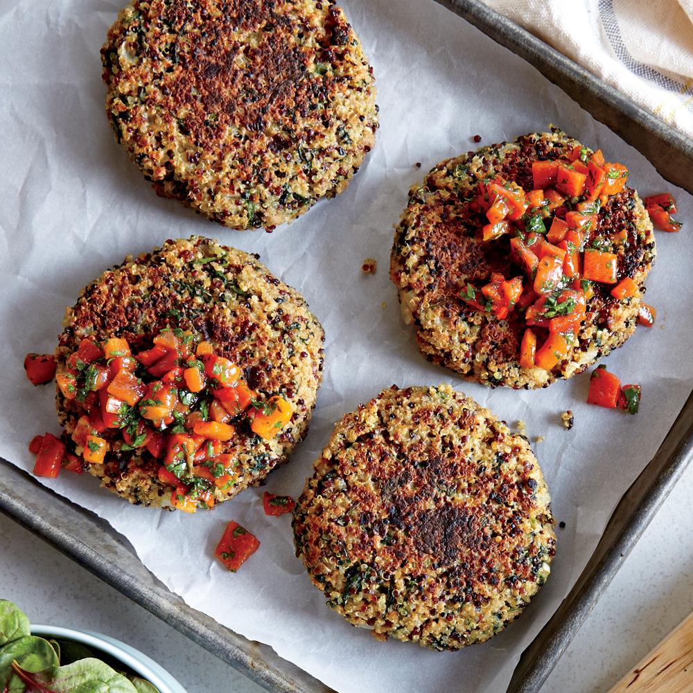 Spinach-Quinoa Cakes with Bell Pepper Relish Recipe | MyRecipes