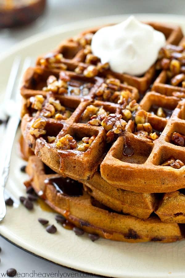 Gingerbread Chocolate Chip Waffles with Pecan Maple Syrup - Whole and Heavenly Oven